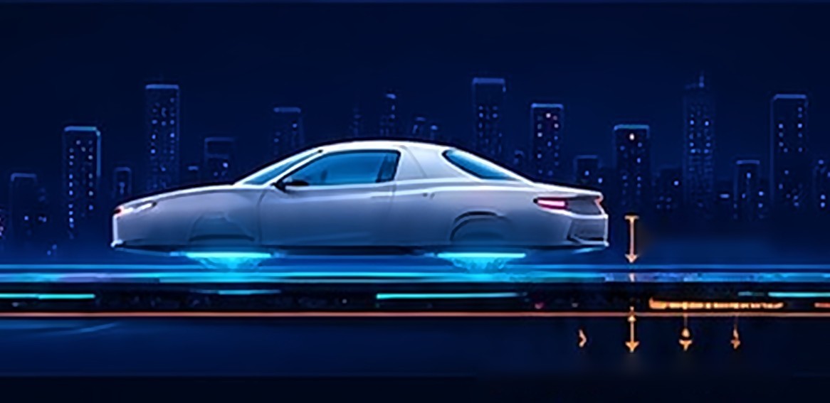 Car hovering about 2 cm above a road with a traveling electromagnetic wave
