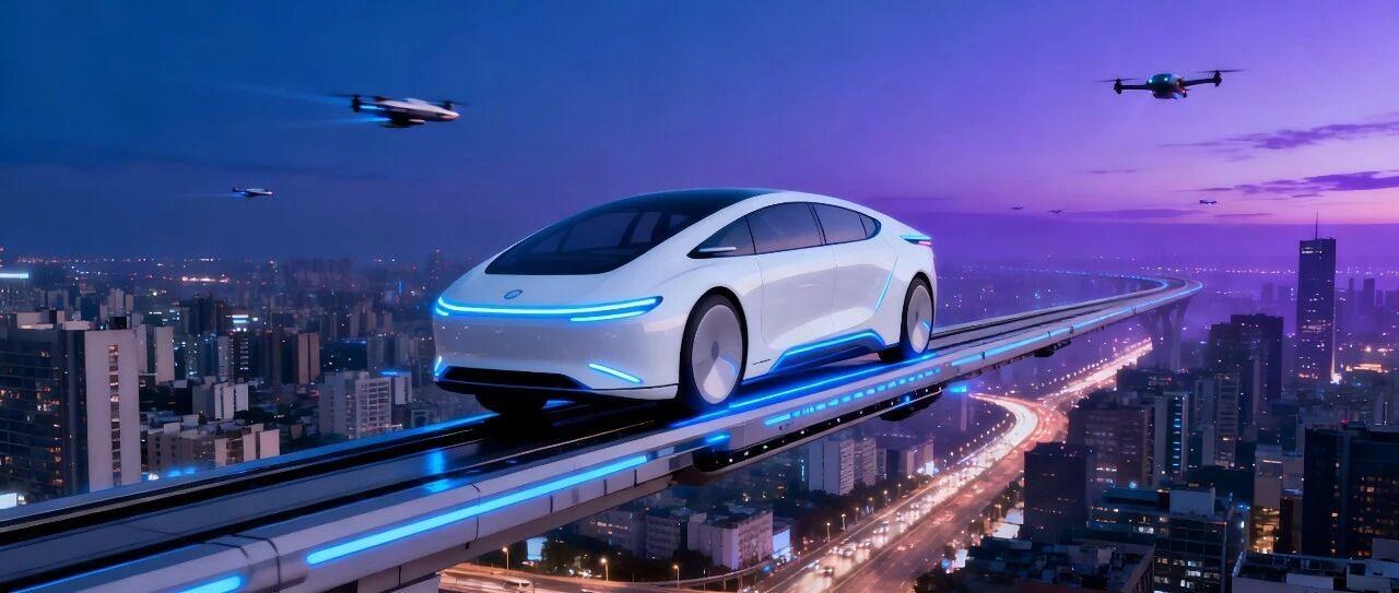 White Eco Drive concept car gliding on an elevated electromagnetic guideway above a city at dusk, with drones in the sky