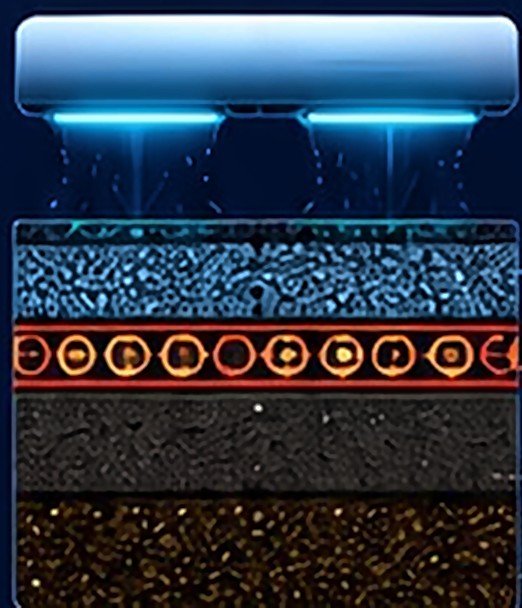 Road cross-section: vehicle with EM pods, wearing course, propulsion coil layer, asphalt base and sub-base